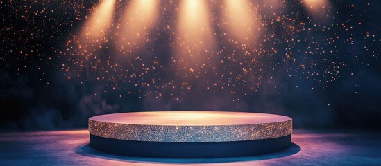 Glimmering round podium with soft lighting and sparkling backdrop ideal for showcasing products or announcements with empty space for text
