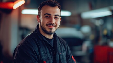 Professional mechanic smiling confidently in automotive workshop setting showcasing expertise and dedication to car repair services.