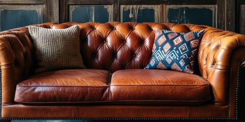 Stylish vintage leather sofa adorned with decorative cushions and ample empty space for personalized text or branding.
