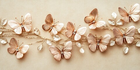 Elegant gold wedding hairpins featuring delicate copper butterflies and crystal accents with customizable space for text or branding