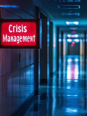 Crisis management sign illuminated in a dimly lit hallway of a corporate building