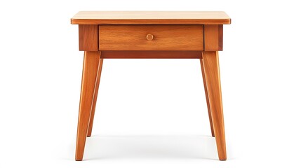 83. A classic wooden side table with a single drawer and natural finish, isolated on white