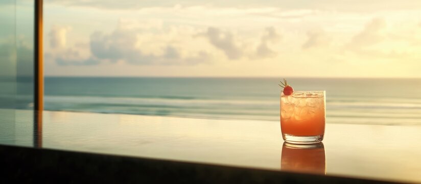Tropical cocktails with sunset ocean view from luxury hotel bar ideal for vacation promotions and relaxation concepts