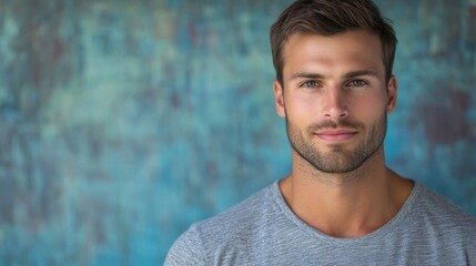 Young man with a charming smile posing against a vibrant blue backdrop in a modern setting during daylight hours