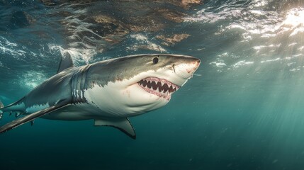Fototapeta premium Great white shark swims gracefully in clear blue ocean waters