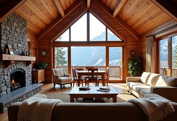 Cozy Cabin Interior, Stone Fireplace, Sofa, Armchairs with Wool Blankets, Dining Table, Snowy Mountain View, Sunlight, Mountain Retreat, Wooden Living Room, Books.

