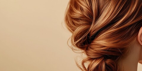 Fototapeta premium Elegant hairstyle showcasing intricate braids and soft curls against a neutral backdrop with ample space for custom text or branding.