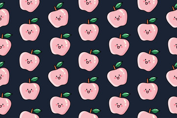 Obraz premium Sweet vector seamless pattern design with cute kawaii apples on dark blue background. Background with apple. Trendy summer background. Kawaii illustration for kids fabric, for children's