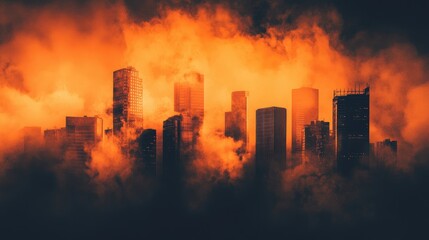 Mysterious Orange Smoke Cloud Surrounding Skyscraper Silhouettes in Dark Haze Evoking an Abandoned Urban Landscape Concept