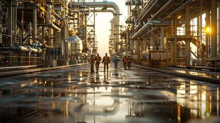 Workers walking through a large industrial facility at sunset, reflecting on wet ground