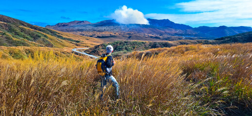 Mount Aso, or Aso Volcano, the largest active volcano in Japan stands in Aso Kuju National Park in Kumamoto Prefecture, Kyushu, Japan
