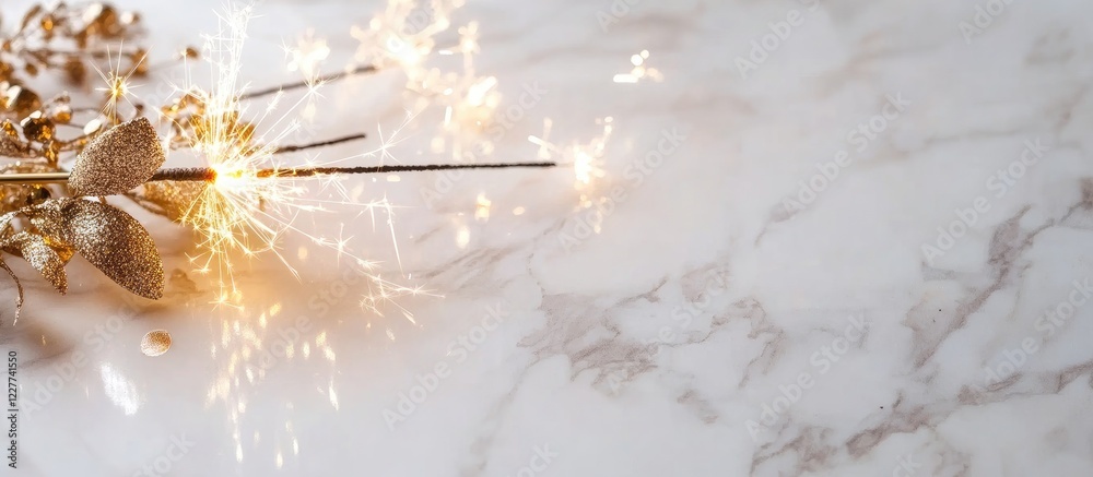 Wall mural sparkling party decor with glowing sparklers on a white marble table and ample empty space for text 