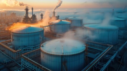 Industrial landscape at dawn with storage tanks and smokestacks emitting steam and smoke