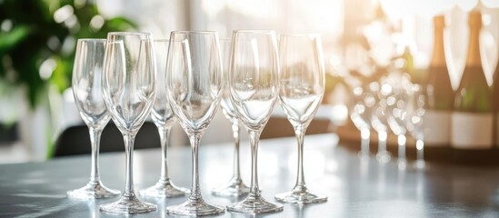 Elegant champagne glasses on a festive table with inviting empty space for personalized text and celebration decor.