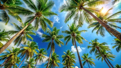 Fototapeta premium Soaring palm trees against a bright blue sky with fluffy white clouds, palm tree, foliage, serene, beachy