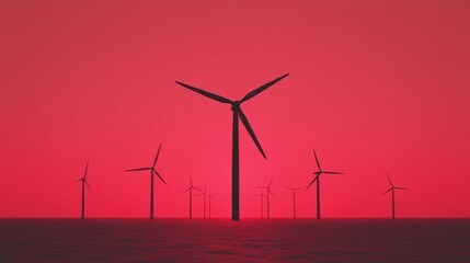 Fototapeta premium Majestic Wind Turbines Silhouetted Against a Vibrant Red Sunset Over Calm Waters