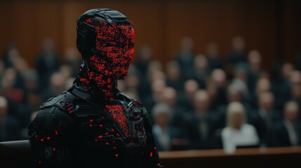 Advanced robotic entity in a courtroom setting surrounded by an audience captivated by technology and artificial intelligence concepts