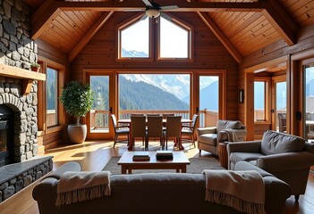 Cozy Mountain Cabin Living Room Interior, Stone Fireplace, Sofa, Armchairs, White Wool Blankets, Books, Dining Table with Mountain View, Sunlight, Snowy Peaks.

