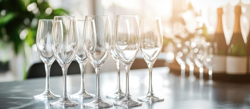 Elegant champagne glasses on a festive table with inviting empty space for personalized text and celebration decor.