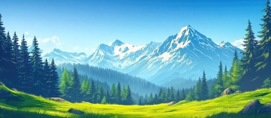 Breathtaking panoramic mountain landscape with glaciers and lush greenery ideal for text overlay or promotional use.