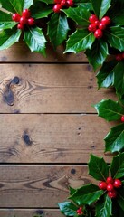 Hanging festive holly berries on a wooden wall, Holly, Christmas, Wall