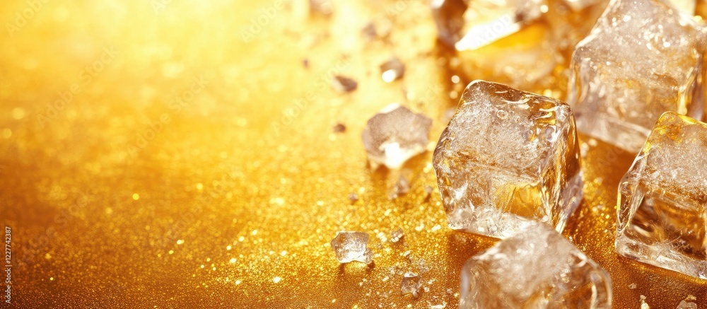 Wall mural glittering ice cubes against a luxurious golden background showcasing empty space for text and creat
