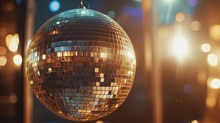 Obraz premium Disco ball close-up with rainbow light reflections, evoking a fun and lively atmosphere for celebrations. --chaos 12 --ar 16:9 --v 6.1 Job ID: 2710a98b-b914-44b8-a635-21d9d71d6914