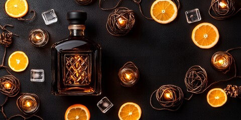 Festive Whiskey Bottle with Oranges Candles and Ice on Dark Background