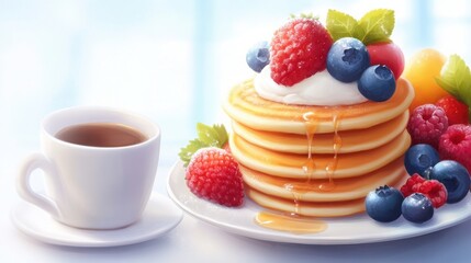 delicious breakfast spread, pancakes, fruits, coffee, natural lighting, inviting table setup