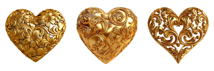 Three Gold Heart Shaped Ornaments - Ideal for Holiday Decorations and Valentines Day Themes