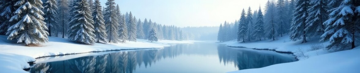 Obraz premium Snow-covered pine trees surrounding a frozen pond, snowy woods, cold and peaceful, forest landscape