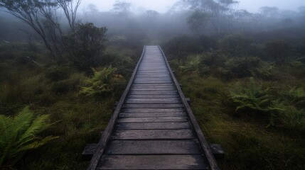 Obraz premium Mysterious foggy pathway through lush greenery serene landscape nature enigmatic environment eye-level viewpoint tranquility concept