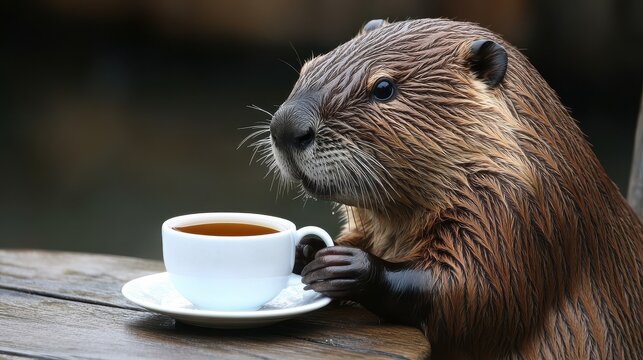 A wet beaver enjoys a warm beverage, sitting at a wooden table.  A cozy and unexpected moment.