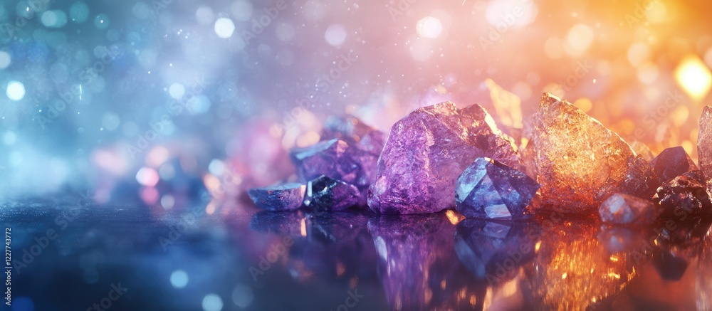 Wall mural colorful gemstones on a reflective surface creating a vibrant atmosphere with copy space for text an