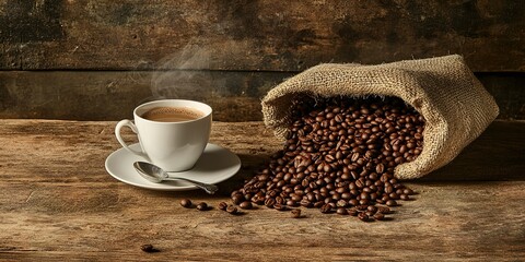 Naklejka premium Photo of a cup and saucer with coffee beans on a wooden table, next to it is an old burlap sack filled with coffee beans. The background features a rustic wood floor.