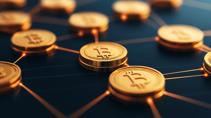 Close-up of interconnected Bitcoin symbols on network, representing cryptocurrency and digital finance advancement.