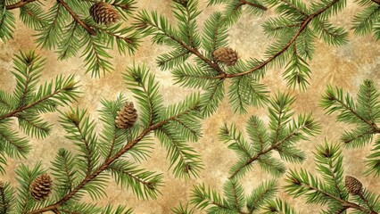 Fototapeta premium Dense coniferous branch pattern on a seamless background with intricate textures and varying shades of green and brown, organic, tree design