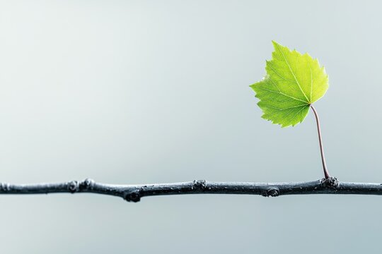 Emerging green leaf on a barren branch symbolizes renewal against a pale sky