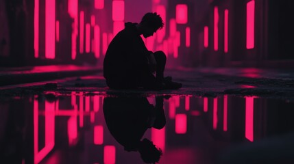 Silhouetted Individual Sitting Alone in an Empty Street Surrounded by Neon Lights and Reflections at Night