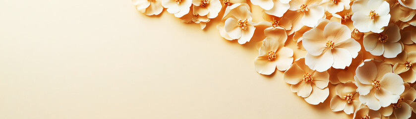 Peach-colored flowers elegantly arranged on soft beige background, creating a tranquil and graceful composition.