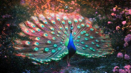 Obraz premium Vibrant Peacock Displaying Its Colorful Feathers in Blooming Garden