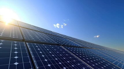 Solar Panels under a bright Sunny Sky, Clean Energy and sustainable Technology