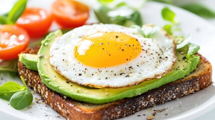 Close-up of avocado toast with a runny egg yolk, set against a white background, focusing on freshness and health