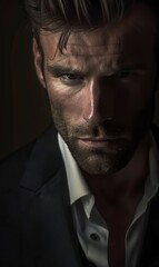 Obraz premium A dramatic close-up portrait of a man with an intense expression, wearing a suit and shirt.