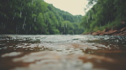 Fototapeta premium Rainfall over a serene river lush green forest nature tranquil environment close-up view concept of peace and renewal