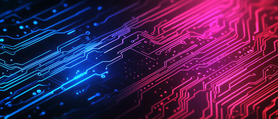 Obraz premium Futuristic circuit board with vibrant pink and blue lighting, illustrating digital technology and connectivity.