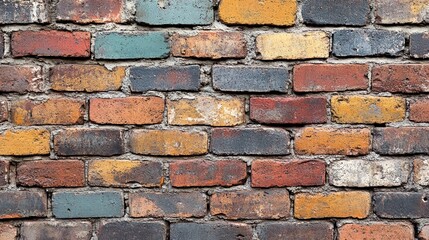 Obraz premium A close-up of an aged brick wall with faded red and yellow bricks.