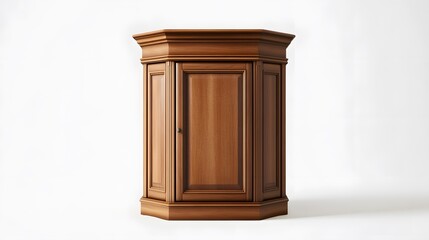 97. A wooden corner cabinet with curved edges and detailed finish, isolated on a white surface