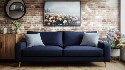 a blue couch sitting in front of a brick wall