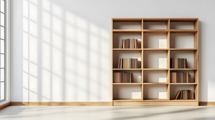 98. A modern wooden bookcase with open shelves and a minimalist design, placed on white